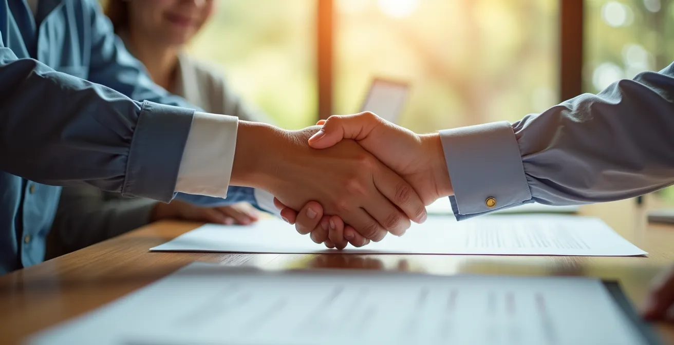 Conseillère sociale accueillant chaleureusement une personne retraitée dans un bureau du CCAS