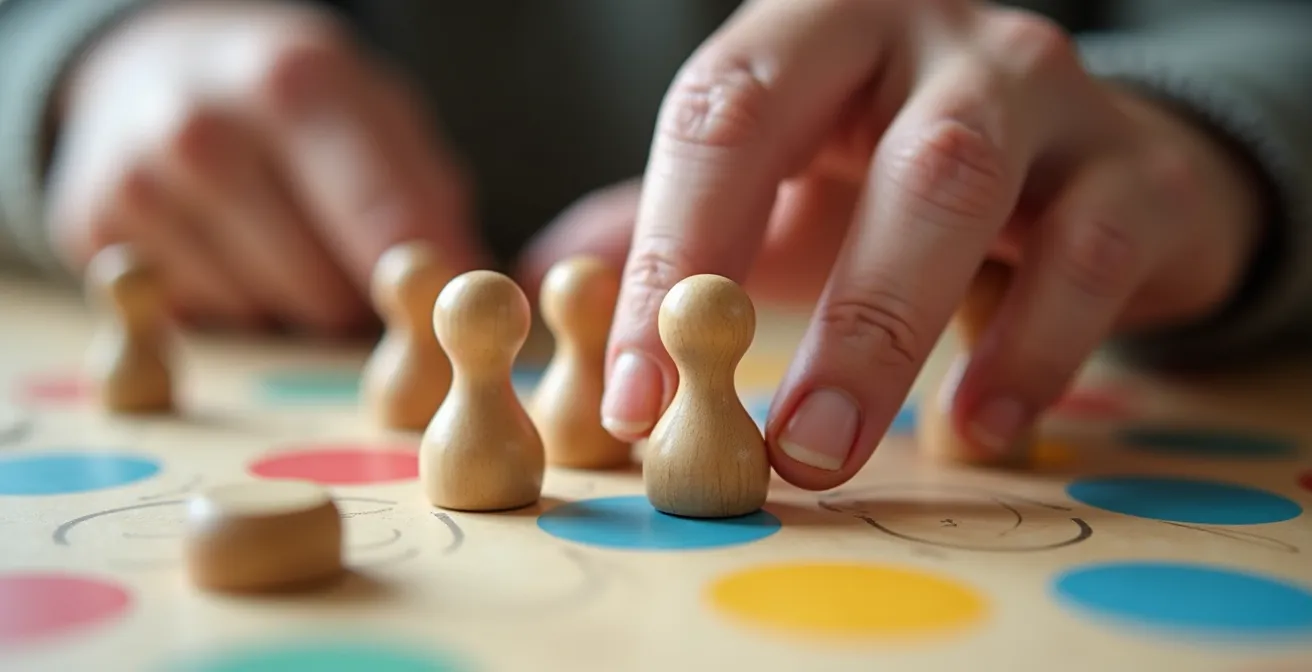 Mains de seniors manipulant des pièces de jeu adaptées de grande taille
