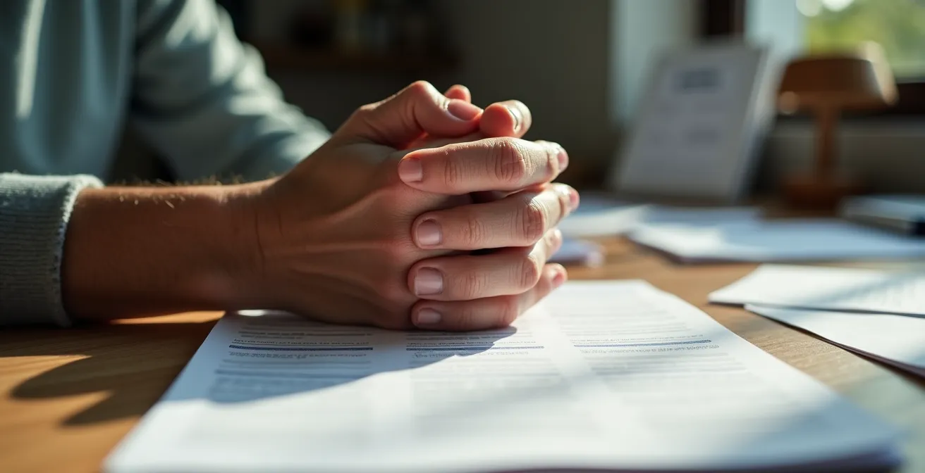 Personne d'âge moyen assise dans une cuisine, visiblement fatiguée, entourée de documents administratifs éparpillés