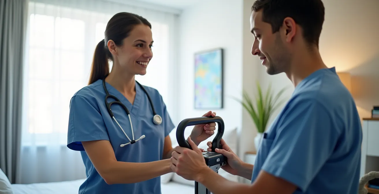 Aide à domicile en formation pratique avec un verticalisateur dans une chambre adaptée