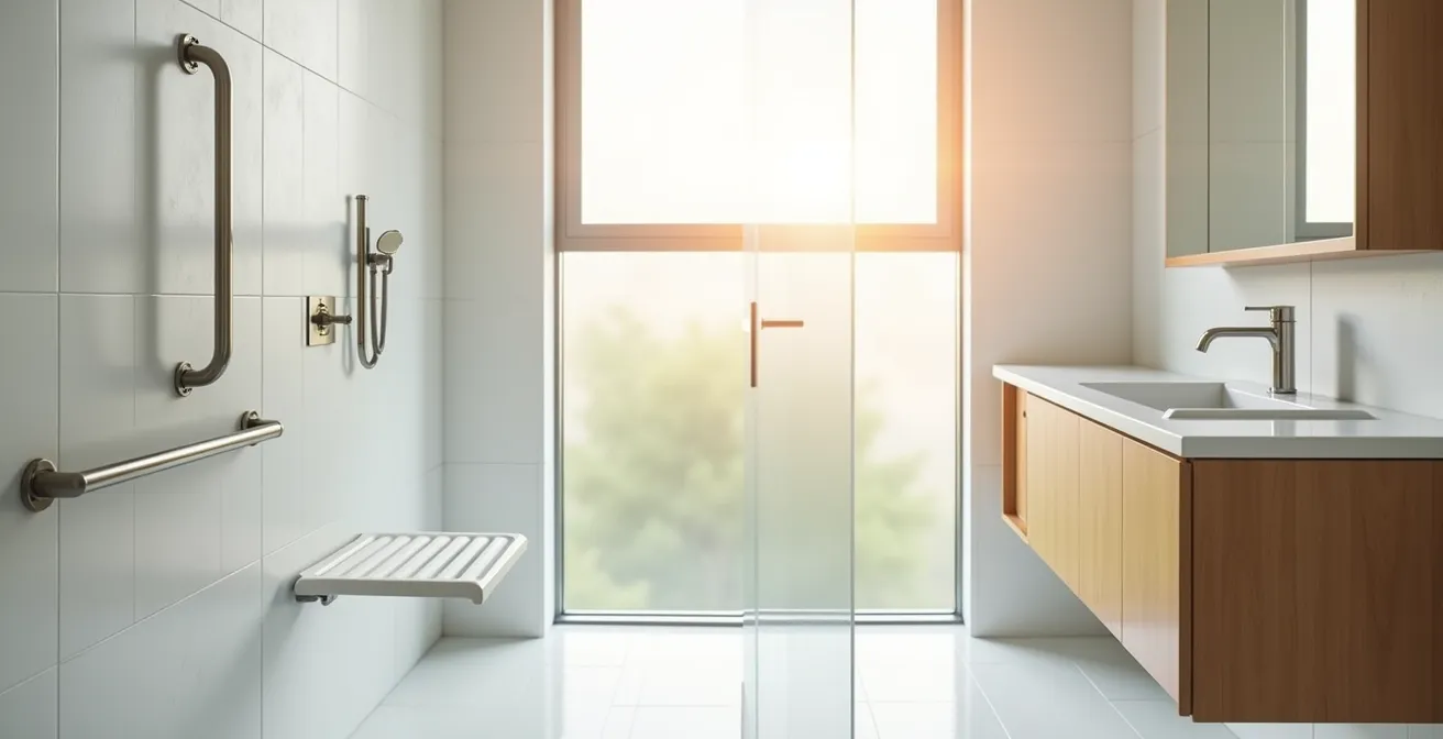 Salle de bain moderne adaptée aux seniors avec barres d'appui et douche à l'italienne
