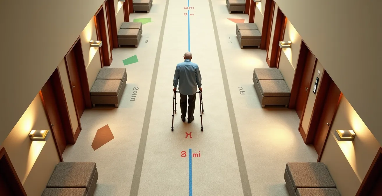 Vue aérienne d'un couloir d'hôtel avec marquages de distance et zones de repos pour illustrer la fatigue invisible.