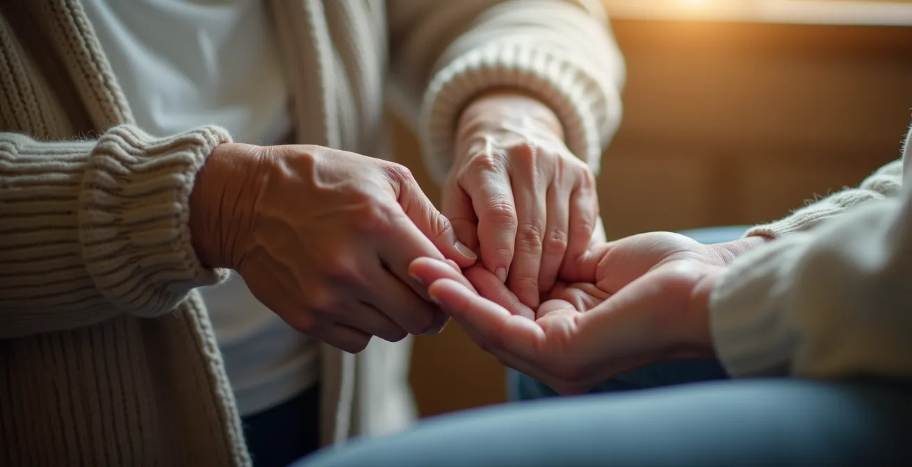 Gros plan sur les mains d'une auxiliaire de vie guidant un senior dans une activité quotidienne