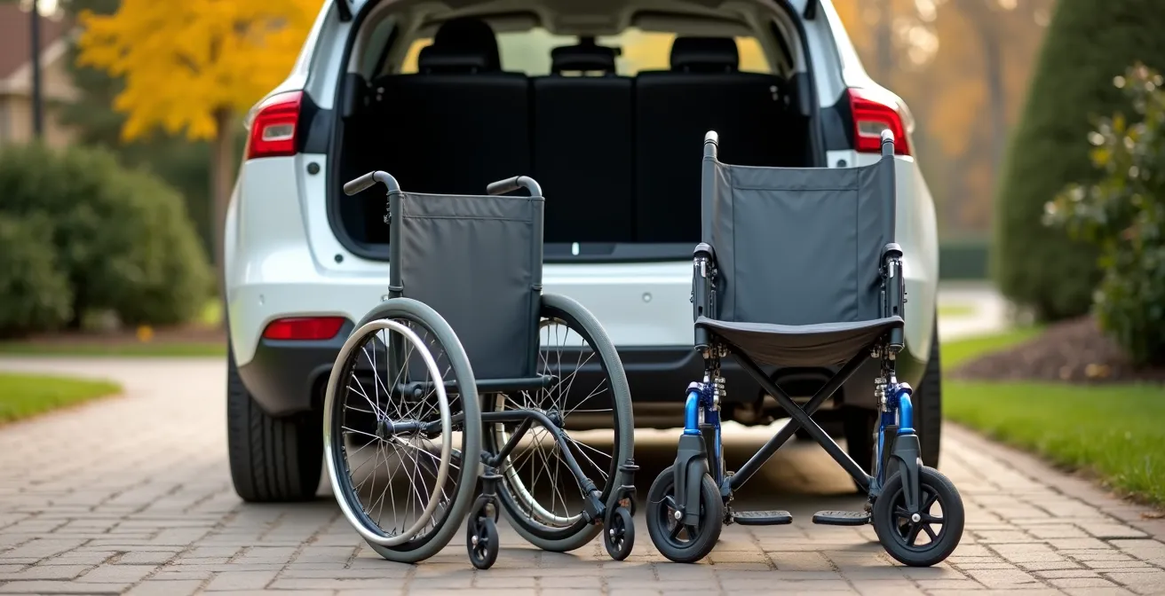 Vue arrière d'une voiture avec coffre ouvert montrant un fauteuil roulant pliant compact
