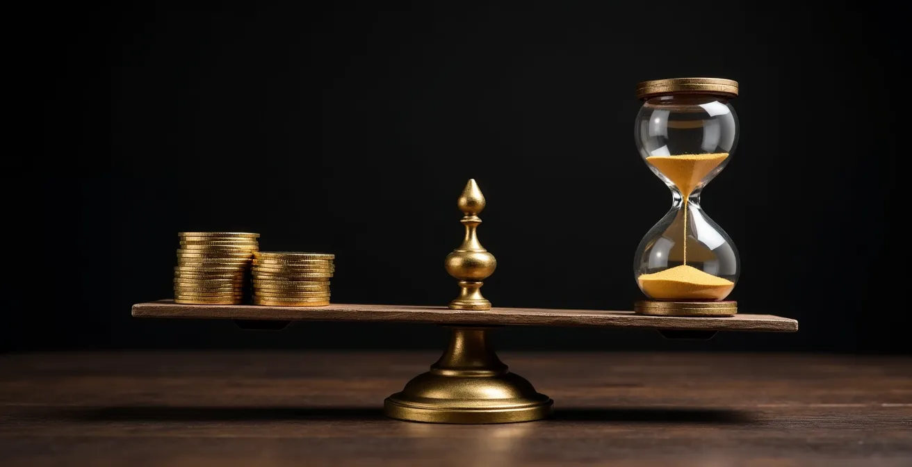 Balance symbolique équilibrant pièces dorées et sablier représentant le choix capital versus rente