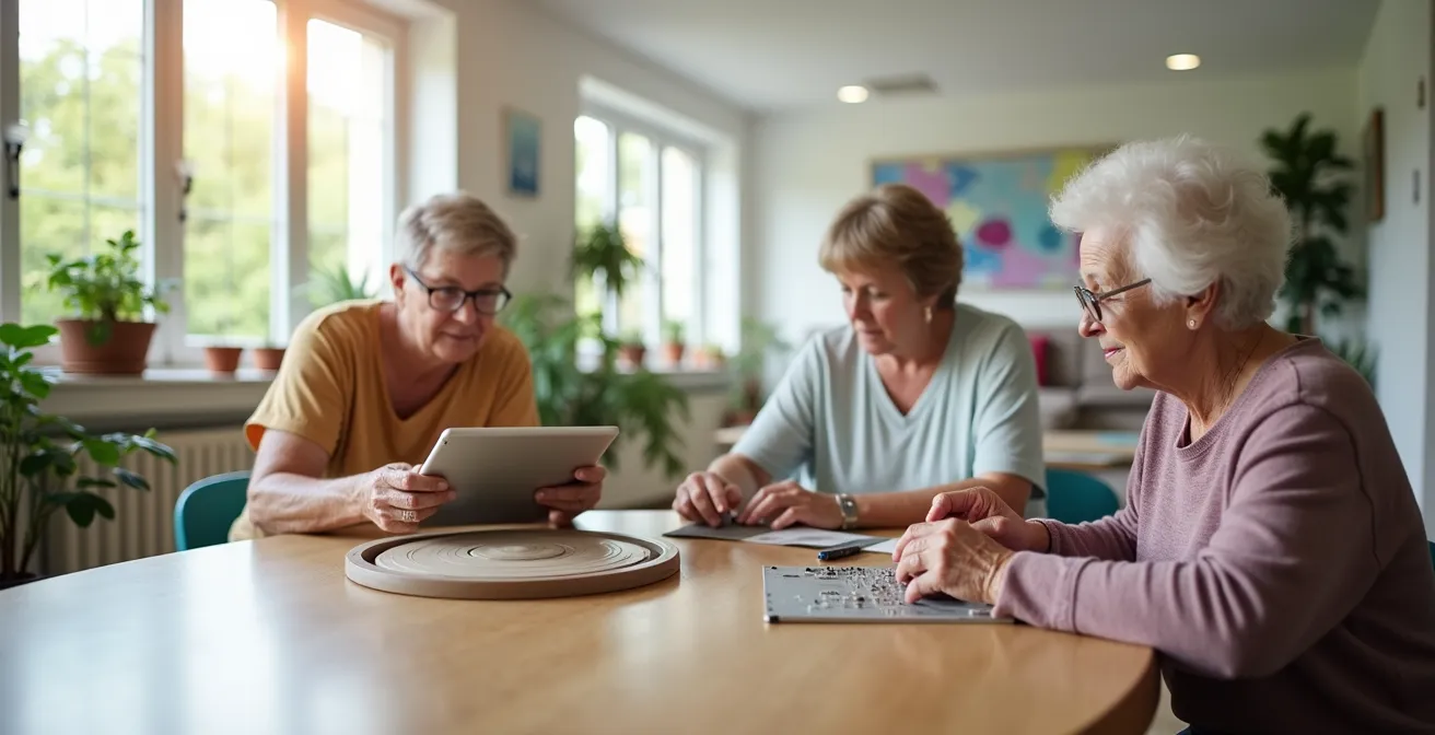 Espace moderne et lumineux où des seniors participent à diverses activités innovantes