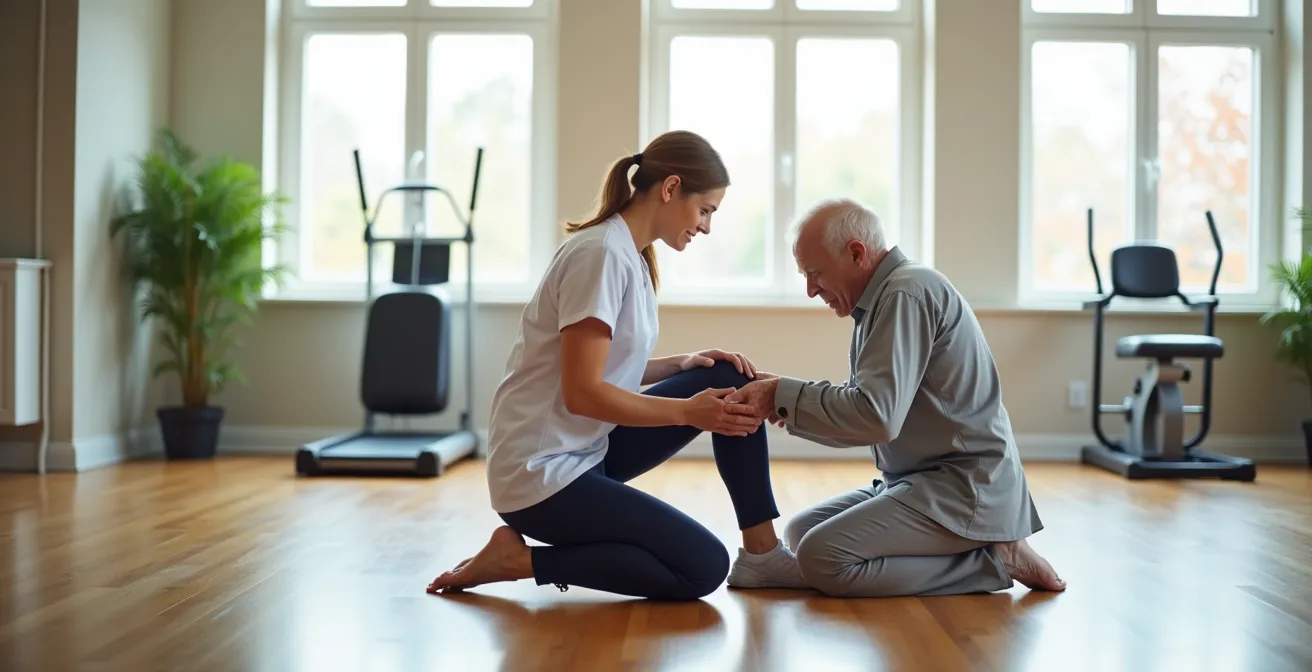 Coach sportif spécialisé APA évaluant la mobilité du genou d'une personne senior