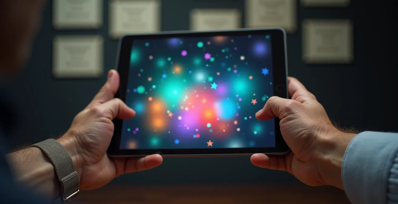 Mains de senior tenant une tablette avec interface colorée d'application cognitive