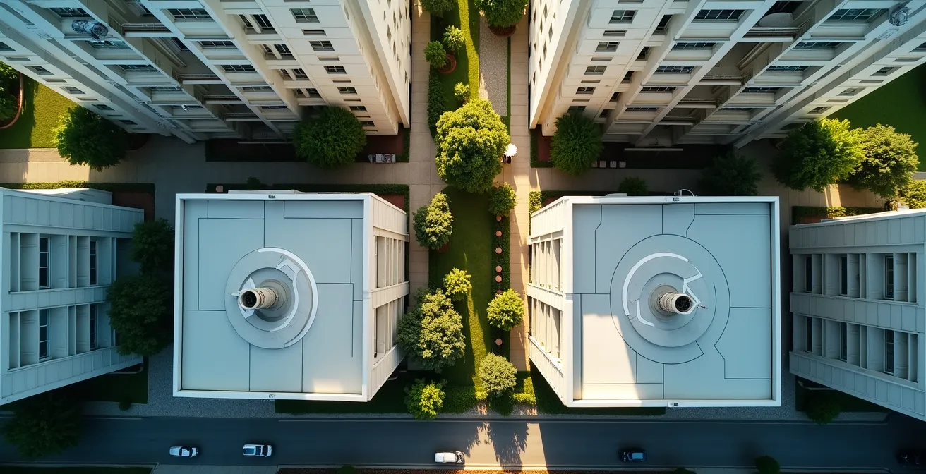 Vue aérienne minimaliste d'immeubles modernes avec espaces verts