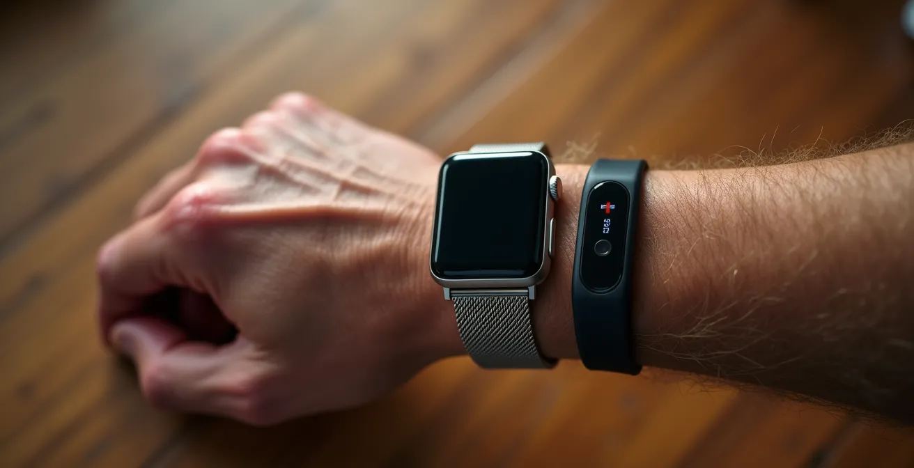 Main de senior tenant une montre connectée moderne à côté d'un bracelet médical