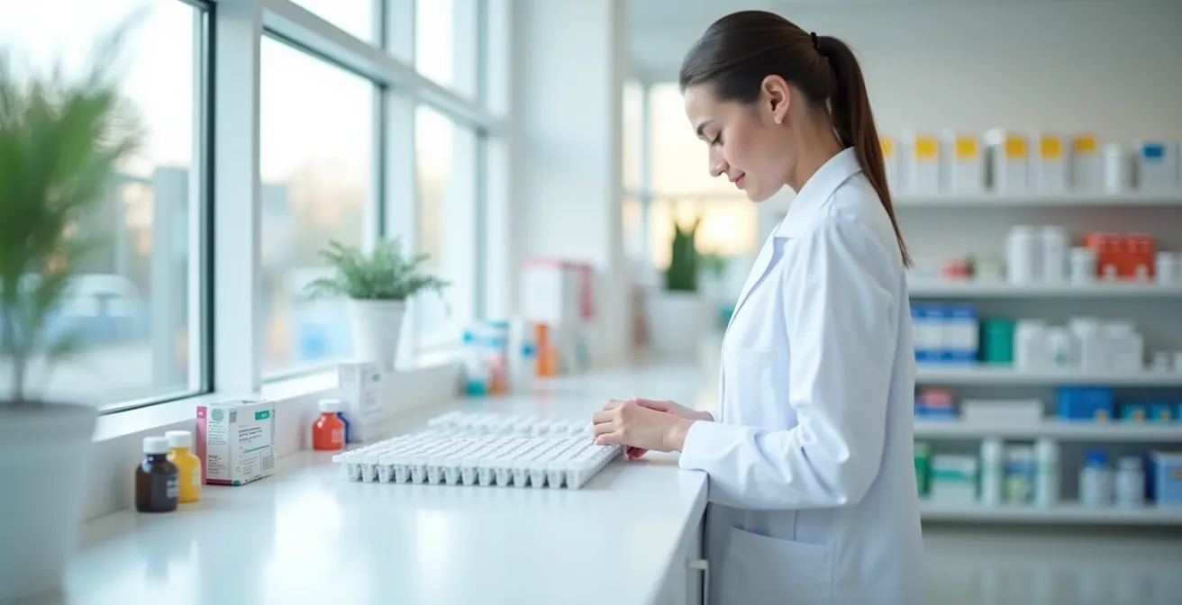 Pharmacien préparant un pilulier connecté avec système PDA