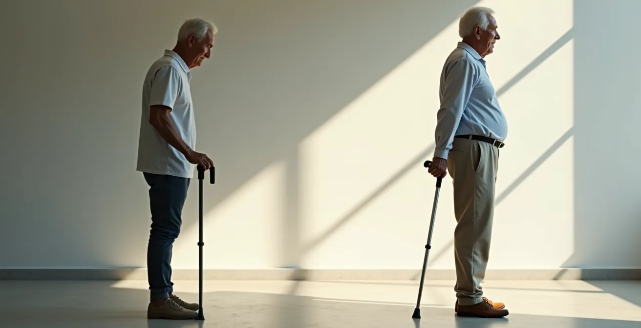 Vue de profil montrant la différence de posture entre une canne bien réglée et mal réglée