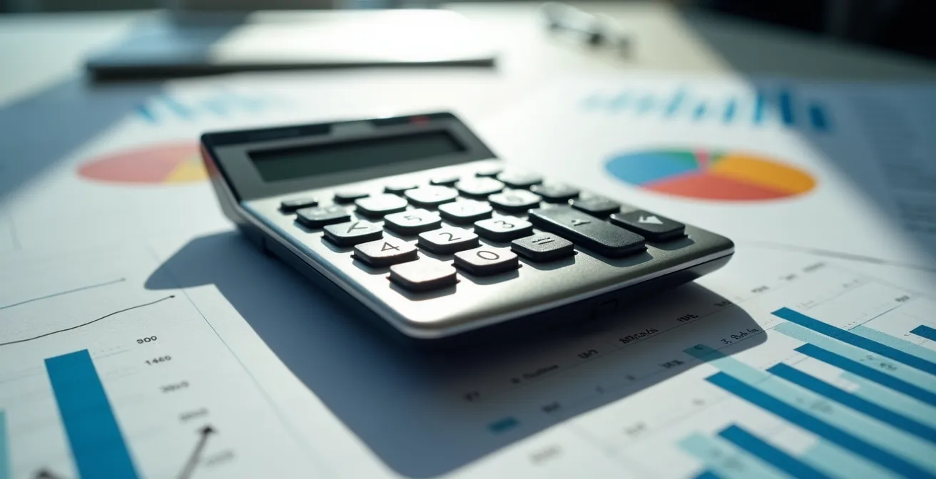 Calculatrice posée sur des documents financiers avec des graphiques flous en arrière-plan