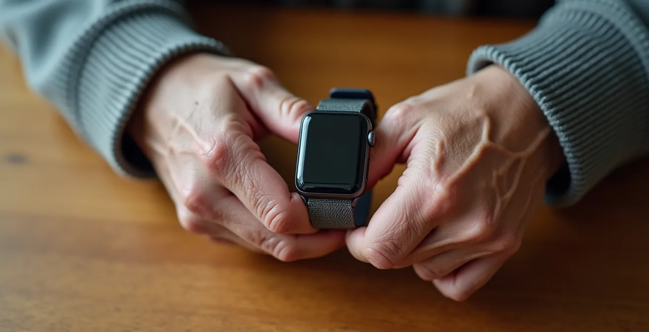 Main d'une personne âgée tenant délicatement une montre connectée moderne