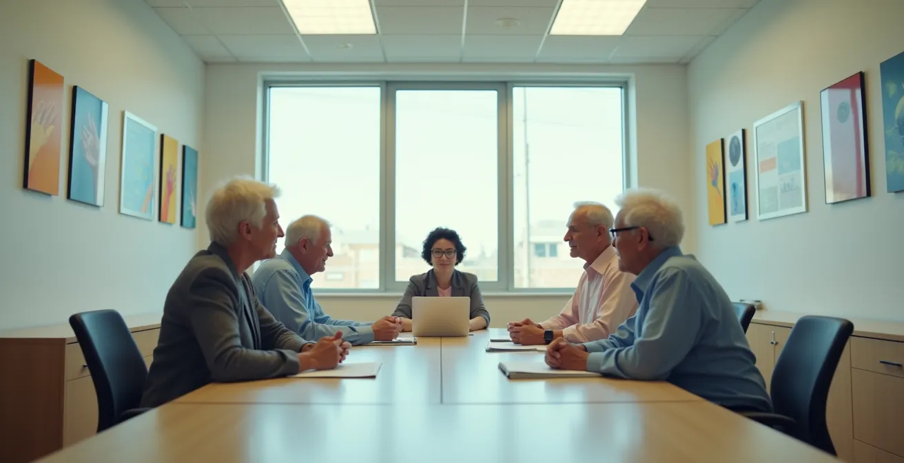 Couple de seniors en consultation avec une assistante sociale dans un bureau de la CPAM