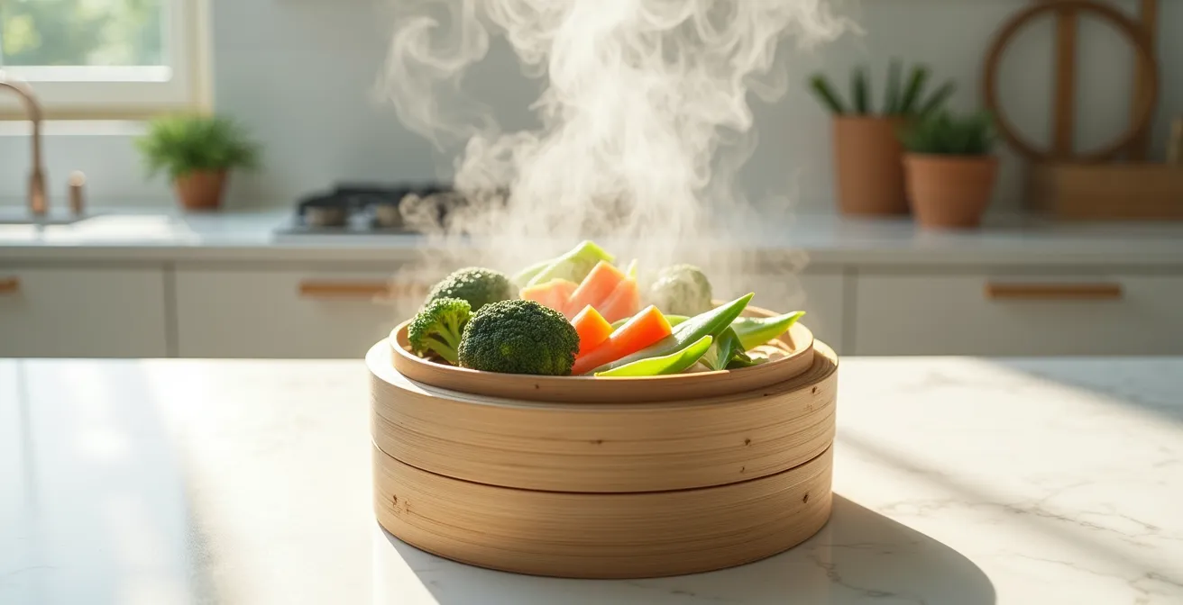 Panier vapeur en bambou avec légumes colorés cuits à la vapeur sur une casserole