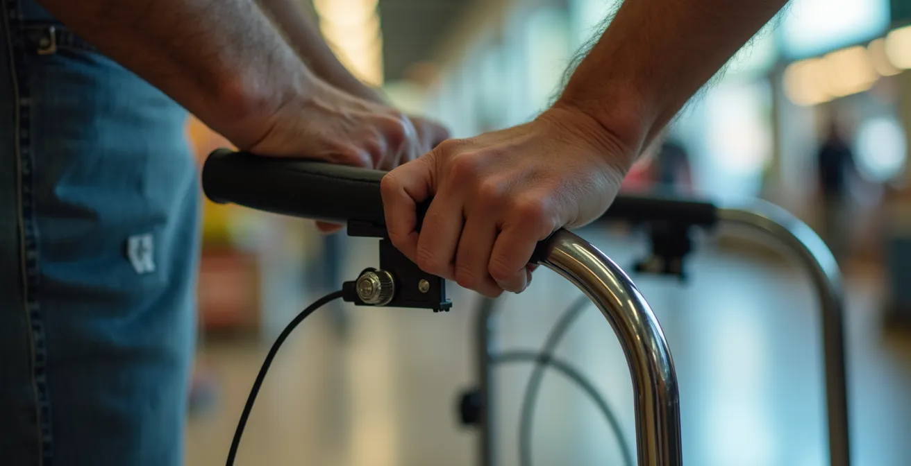 Gros plan sur des mains actionnant les freins parking d'un rollator sur un sol carrelé brillant