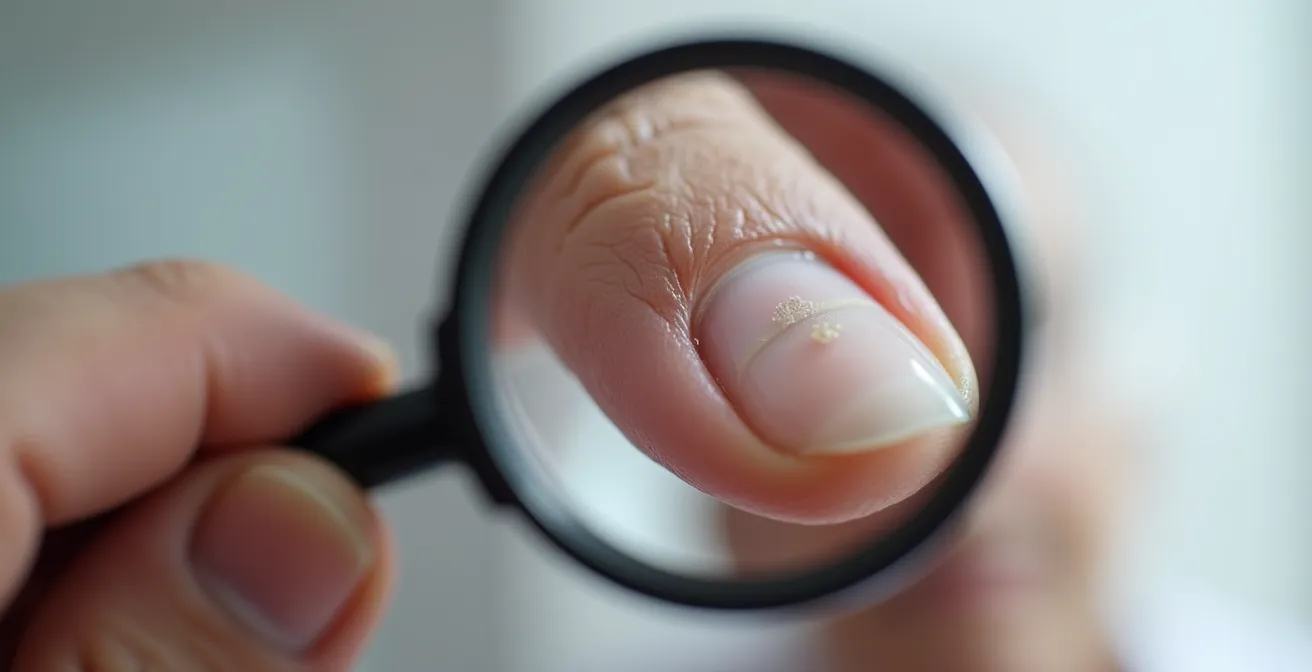 Gros plan macro sur une main senior examinant ses ongles avec une loupe