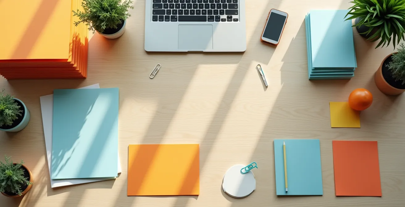 Documents administratifs soigneusement organisés sur un bureau avec des classeurs colorés