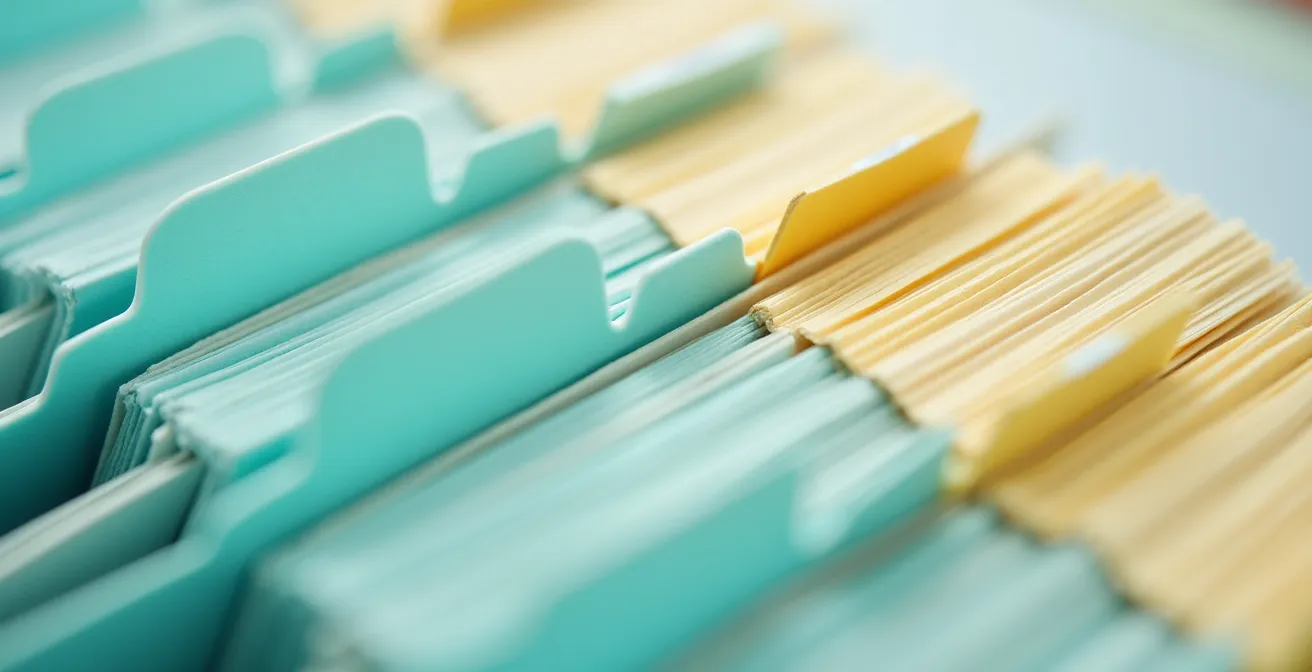 Vue macro d'un dossier médical ouvert montrant des documents organisés avec onglets colorés