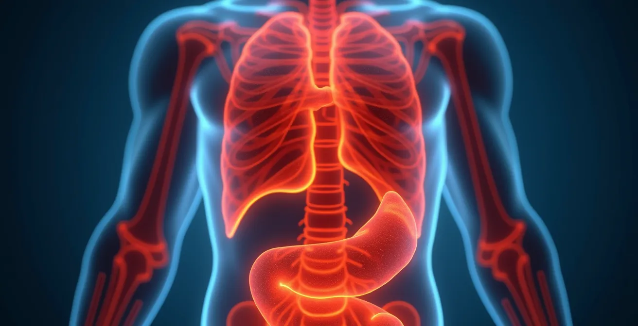Vue en coupe du corps montrant l'inflammation cellulaire liée à la sédentarité