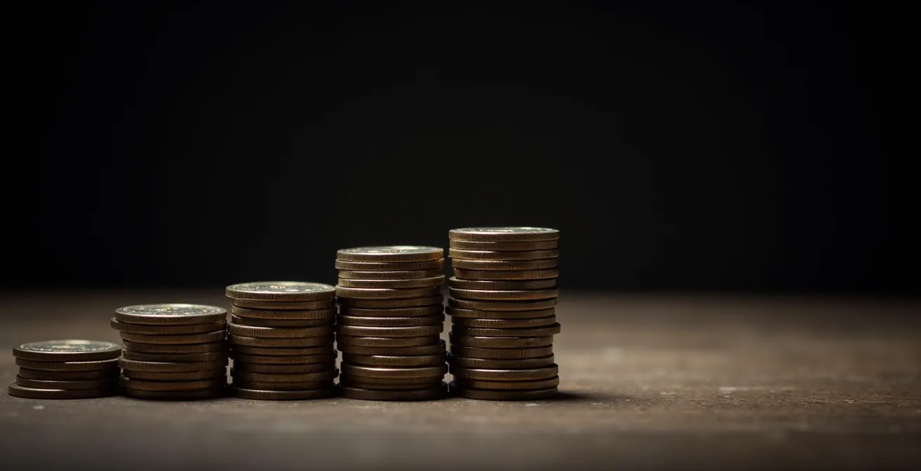 Pièces de monnaie empilées avec effet de dégradé suggérant l'érosion temporelle