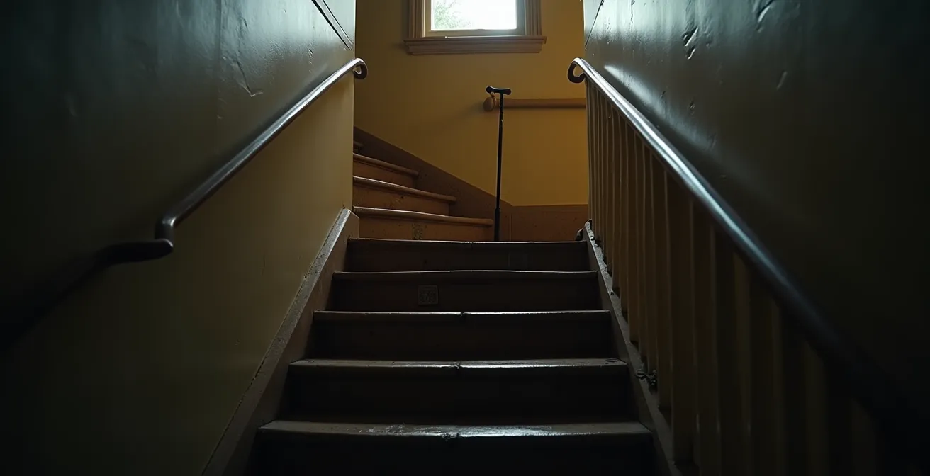 Vue en contre-plongée d'un escalier domestique avec zones d'ombre créant une atmosphère d'insécurité pour une personne âgée
