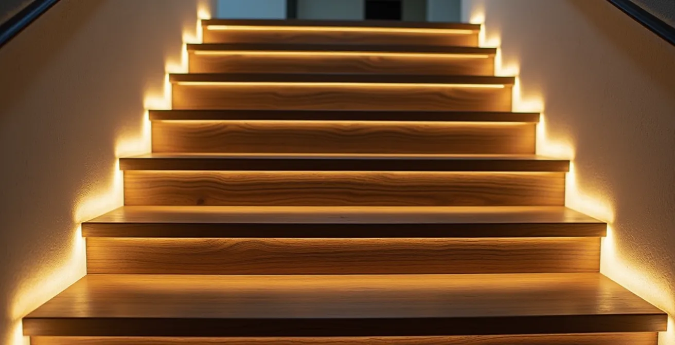 Vue détaillée d'un escalier équipé de nez de marche contrastés et éclairage LED rasant