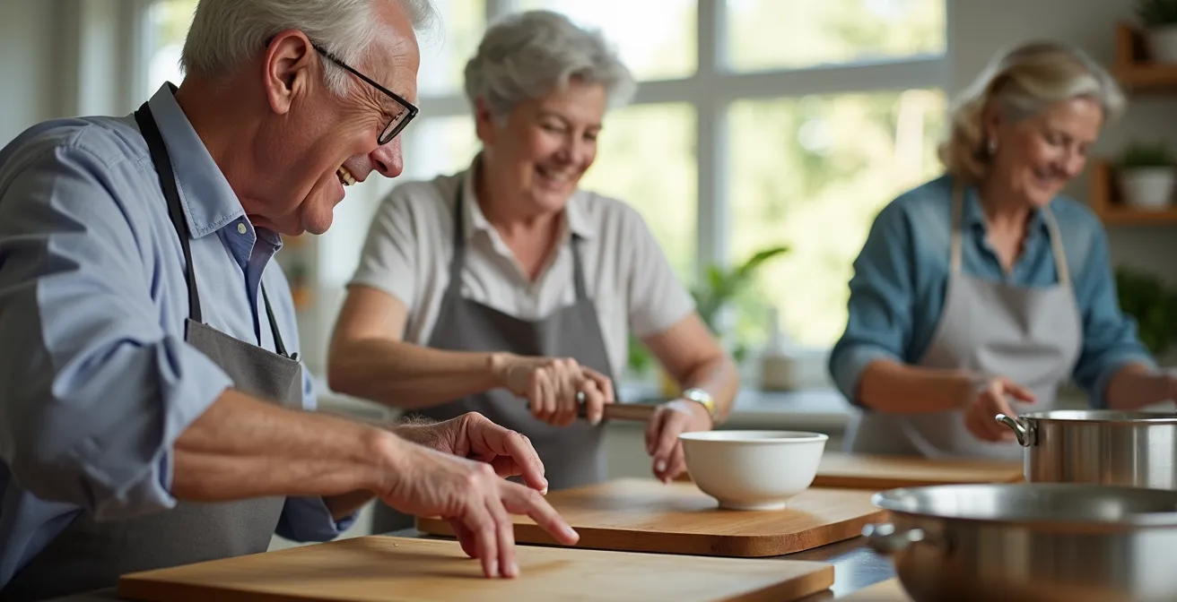 Seniors préparant ensemble un repas dans une cuisine collective lumineuse