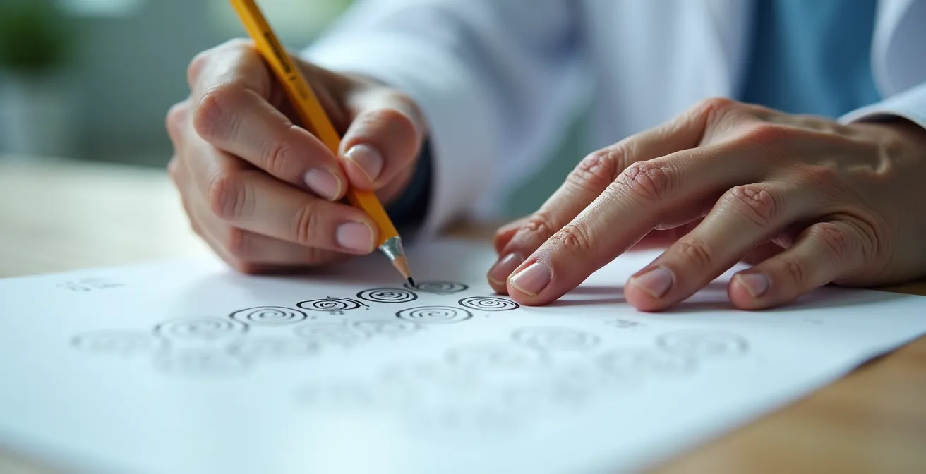 Mains d'une personne âgée dessinant le test de l'horloge sur une feuille lors d'une évaluation cognitive