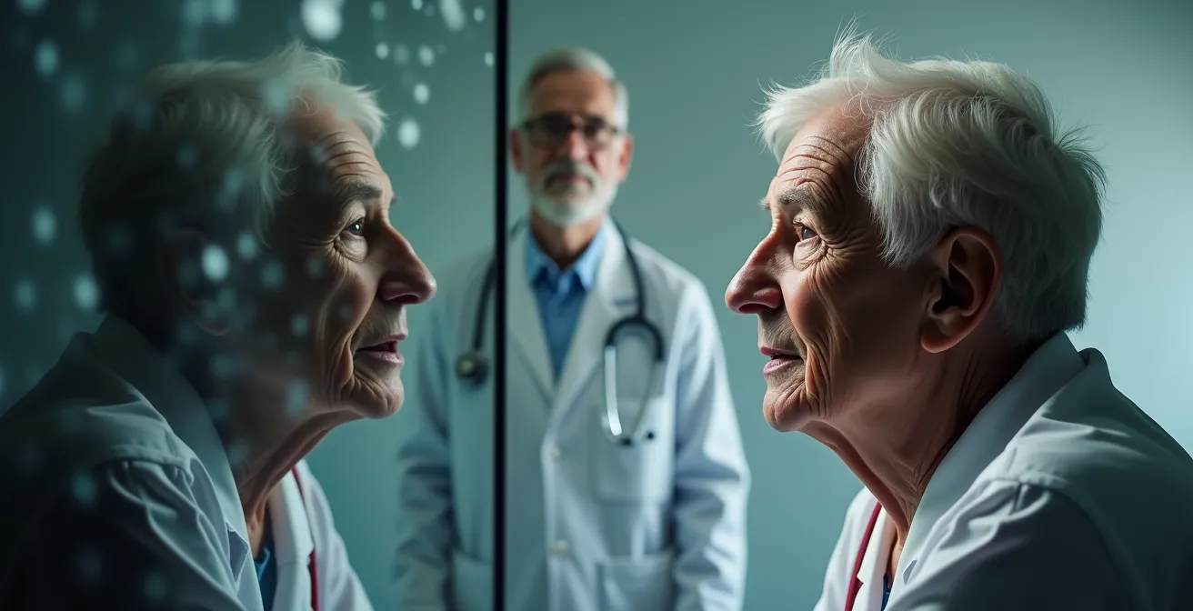 Professionnel de santé observant attentivement une personne âgée durant un échange
