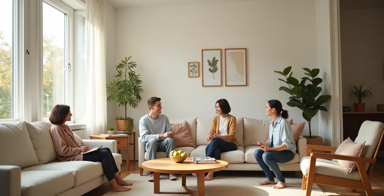 Famille multigénérationnelle réunie autour d'une table dans un salon chaleureux