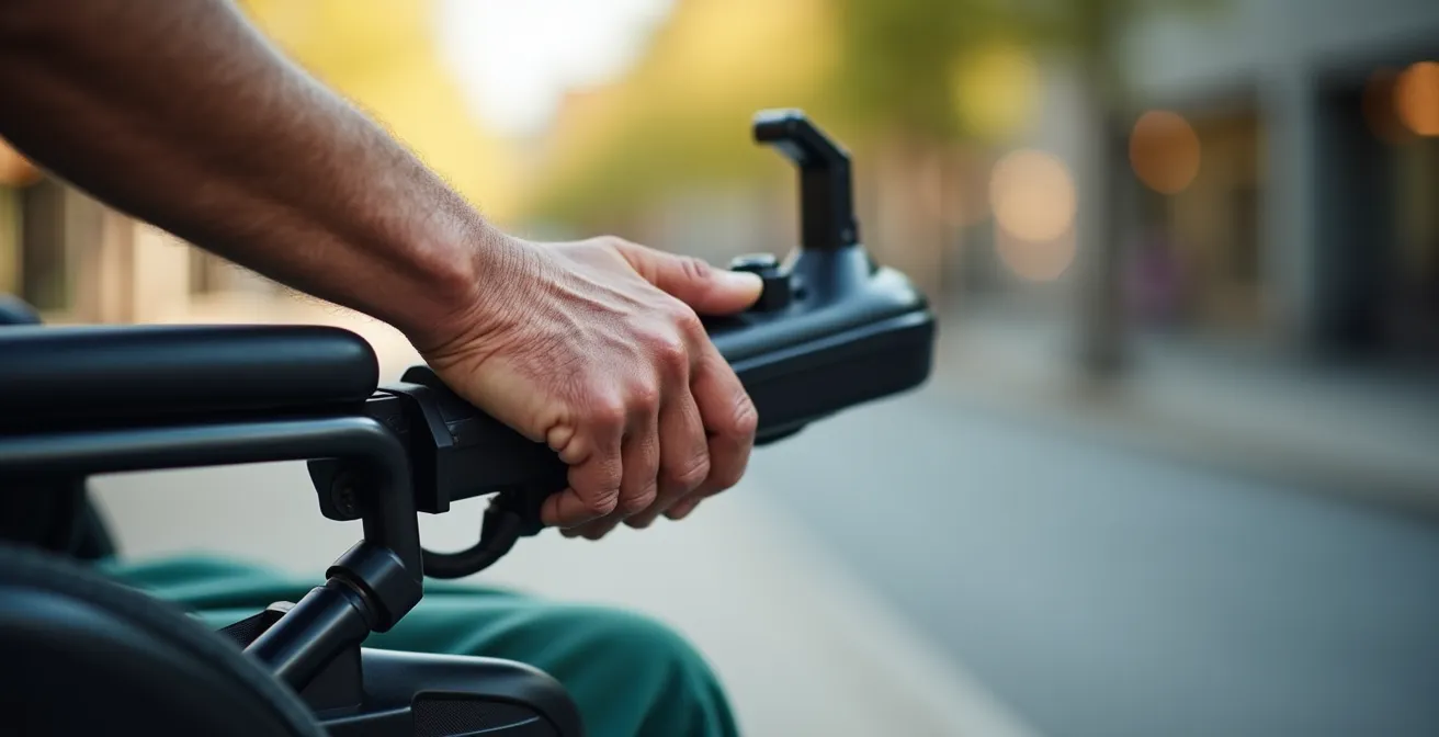 Personne utilisant un joystick de fauteuil roulant électrique dans un environnement urbain accessible