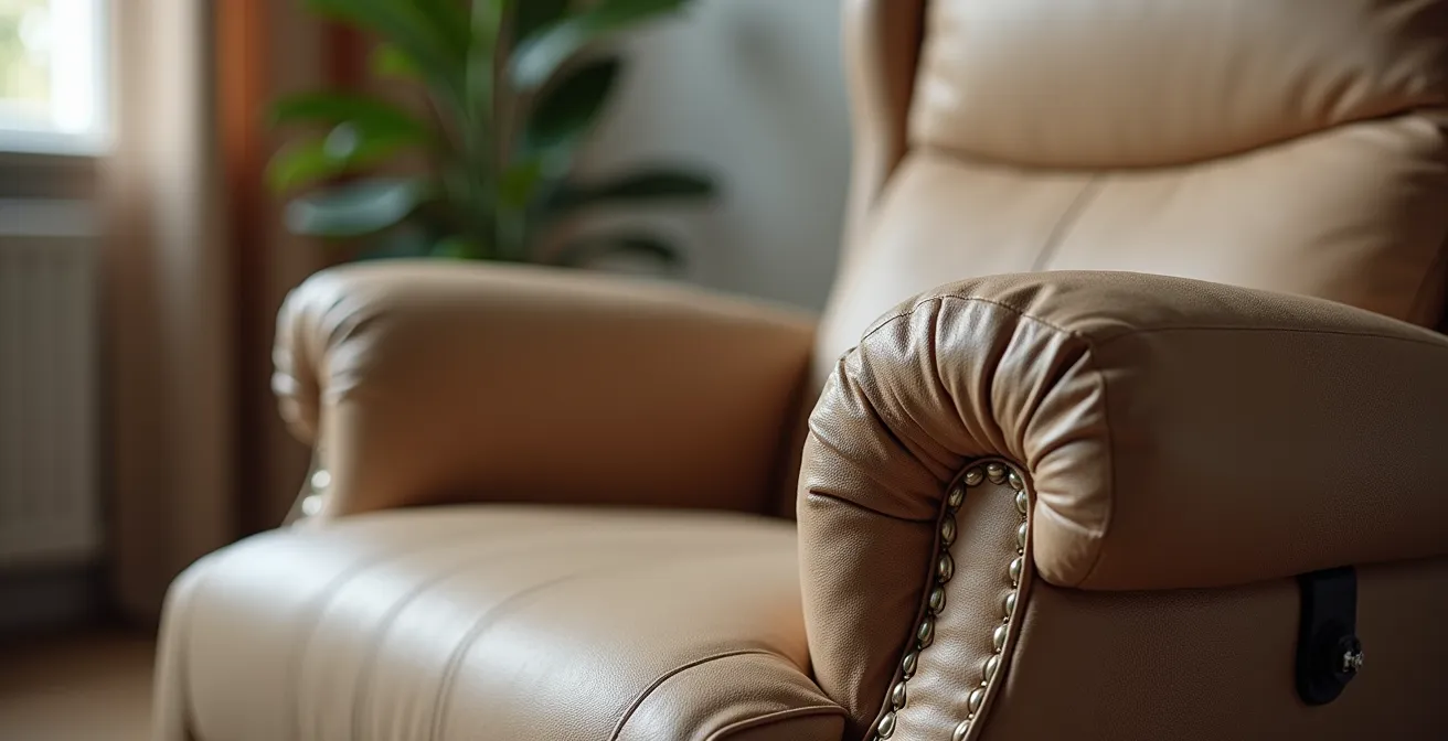 Fauteuil releveur design dans un salon contemporain avec personne âgée confortablement installée