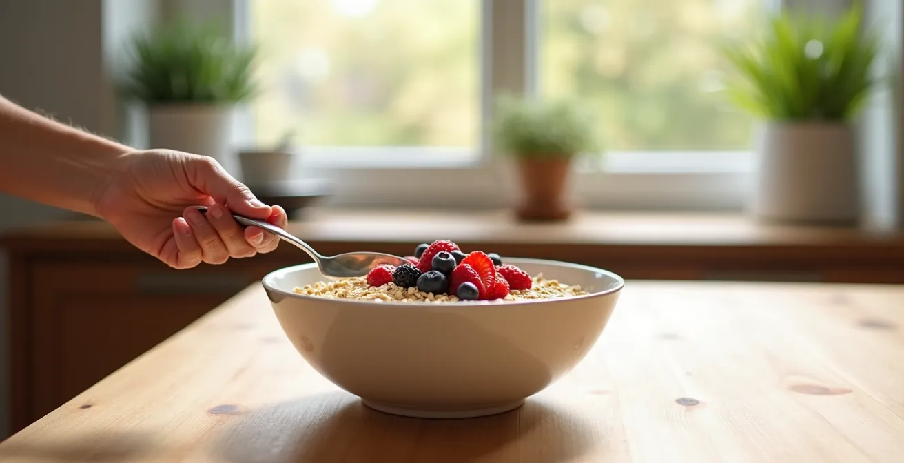 Bol de flocons d'avoine avec fruits frais dans un environnement minimaliste
