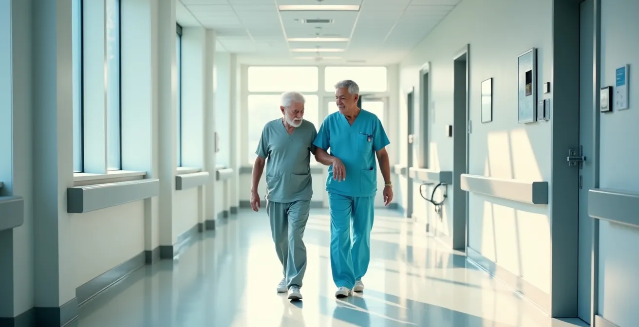 Patient âgé en mobilisation précoce avec soignant dans un couloir hospitalier