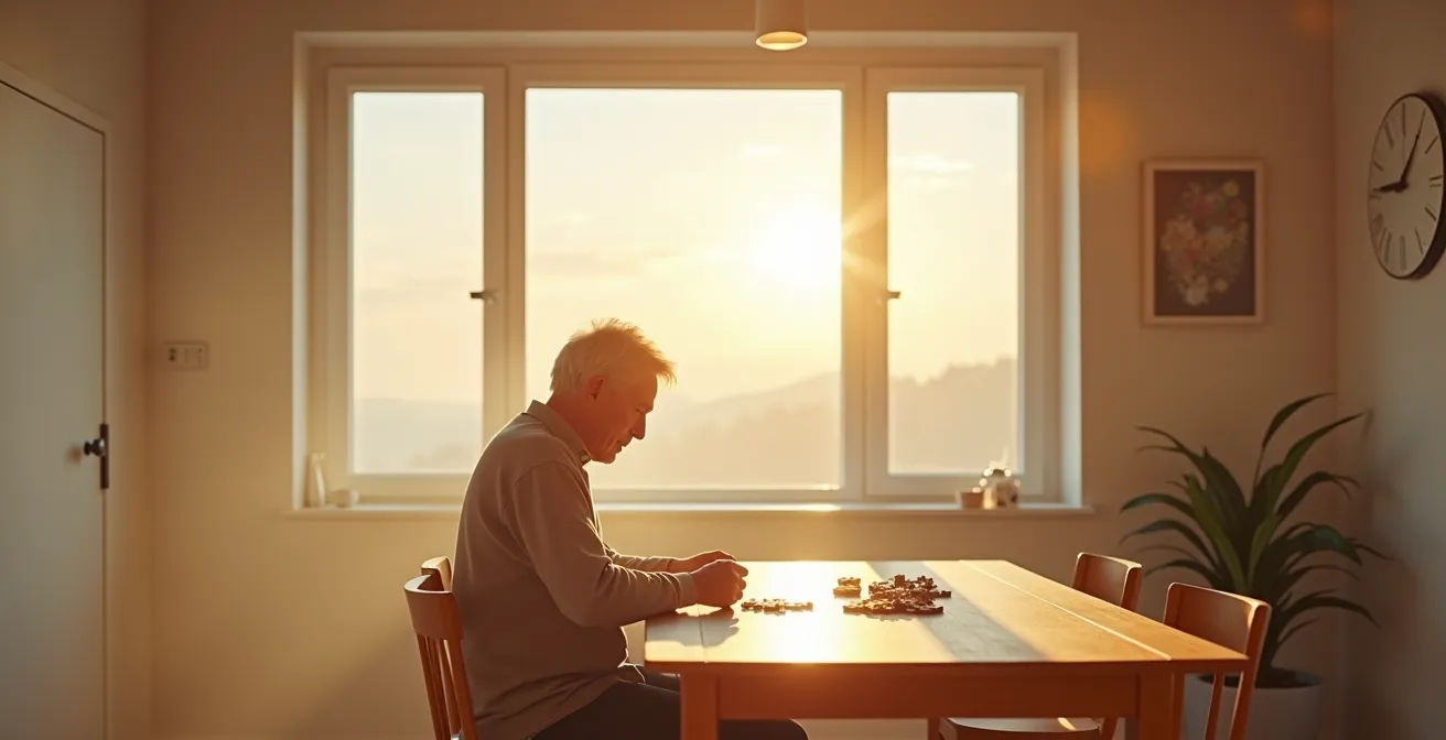 Senior pratiquant des exercices cognitifs près d'une fenêtre le matin avec lumière naturelle