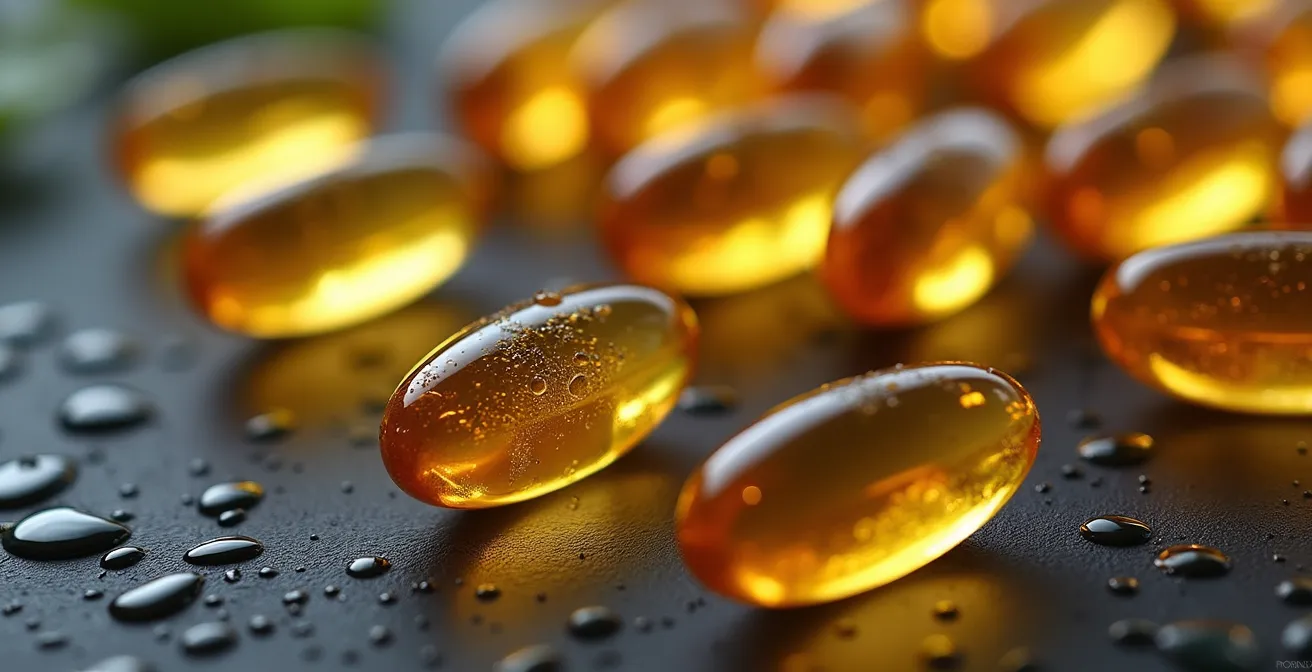Gros plan sur capsules d'huile de poisson dorées avec reflets lumineux