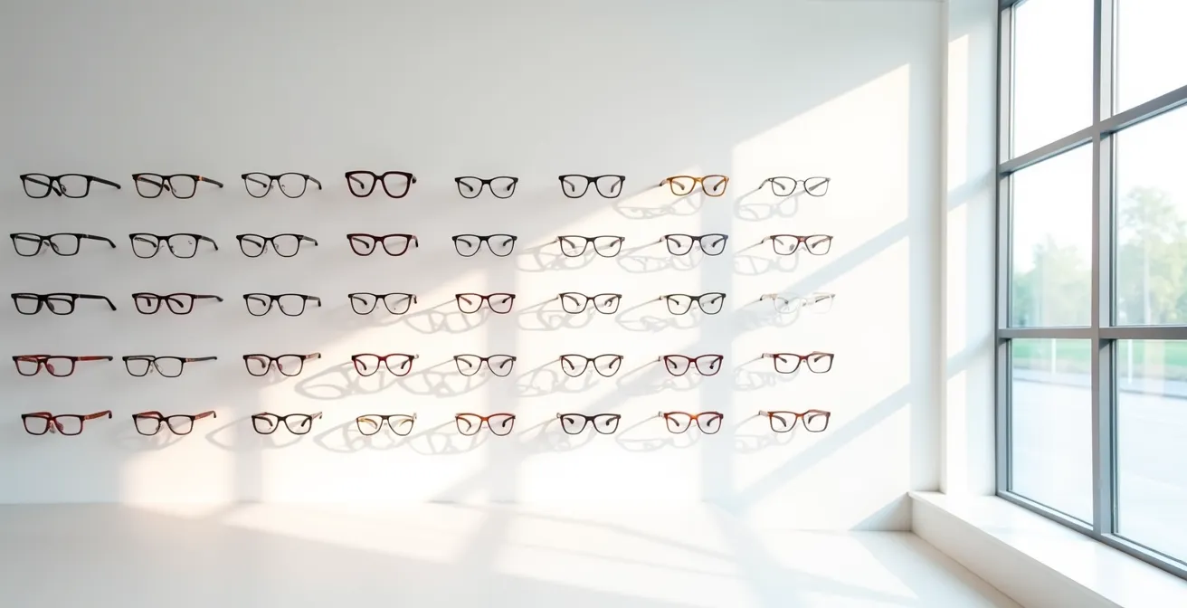 Vue large d'un étalage moderne de lunettes avec diverses montures colorées disposées artistiquement
