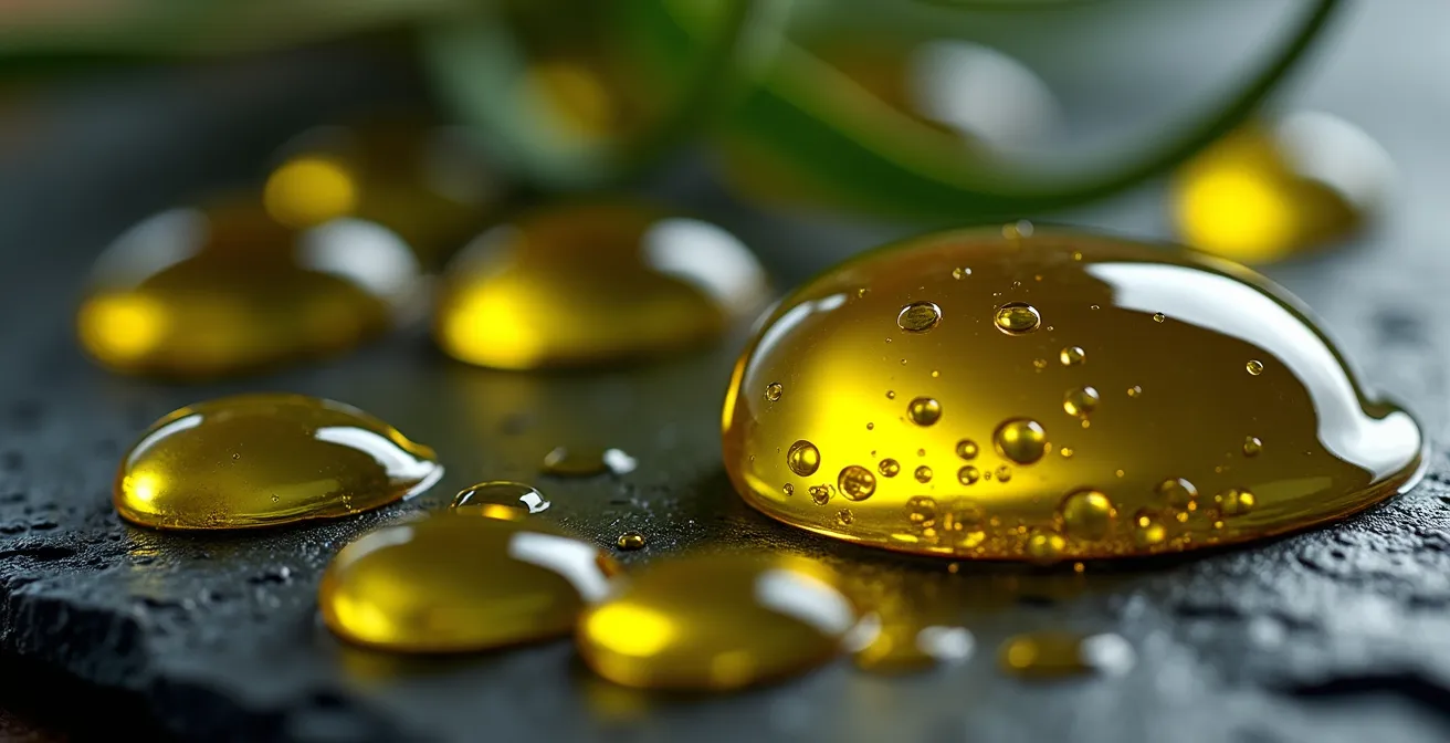 Détail macro de gouttes d'huile d'olive extra vierge montrant sa richesse en polyphénols