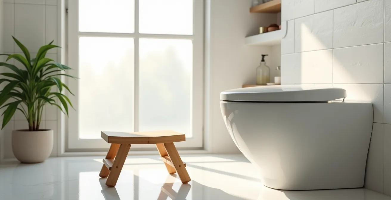 Vue latérale anatomique montrant la position correcte avec un marchepied aux toilettes pour un transit optimal