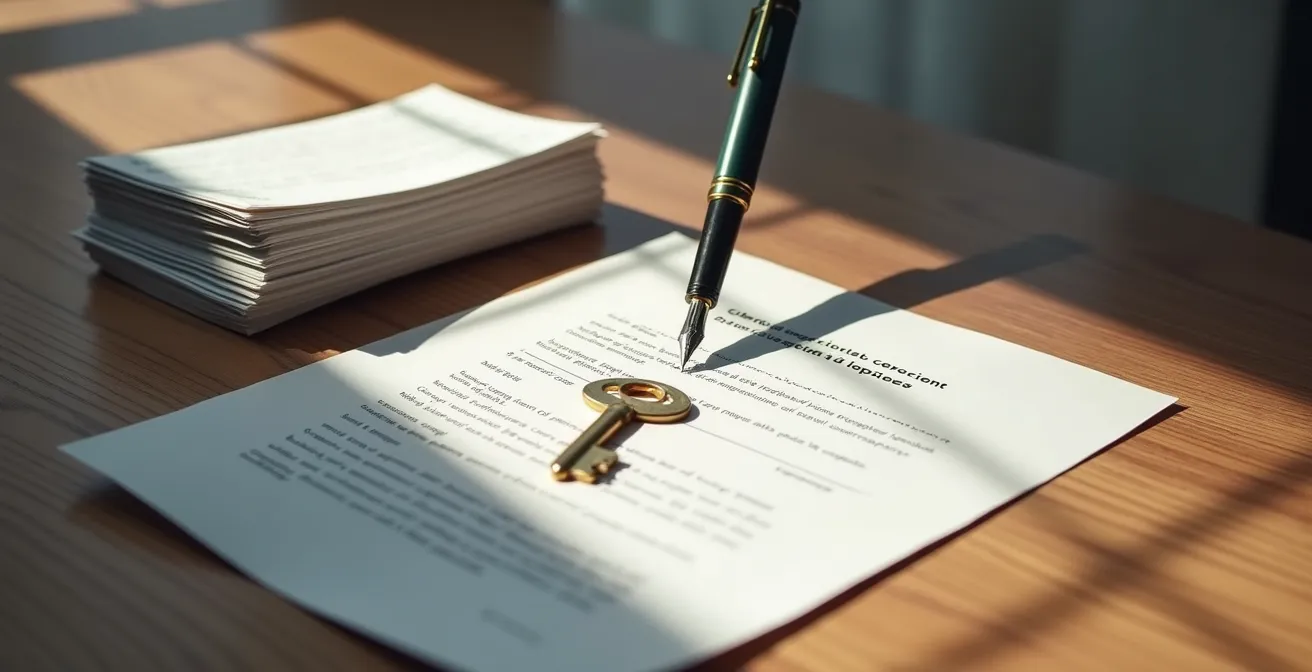 Bureau avec documents administratifs organisés et main tenant un stylo au-dessus de formulaires