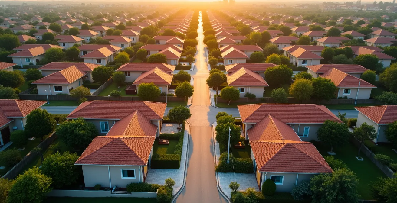Vue aérienne minimaliste d'un quartier résidentiel avec des connexions symboliques entre les maisons