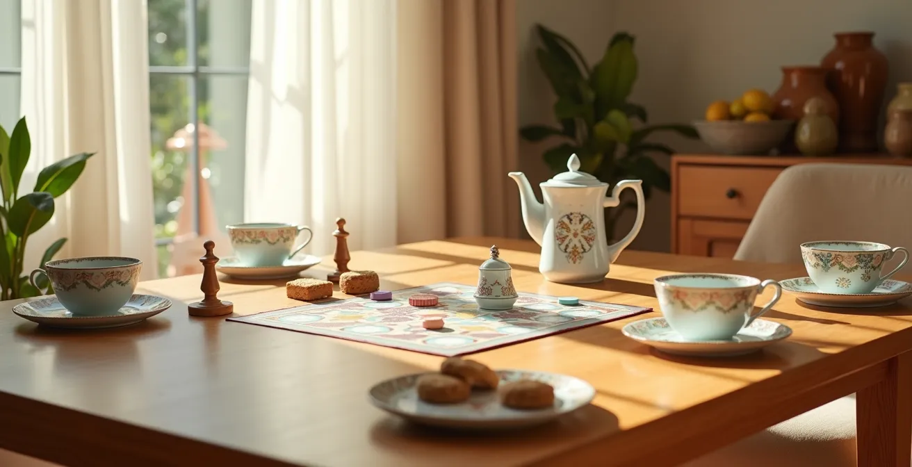 Table de jeu préparée avec thé et biscuits dans une ambiance chaleureuse