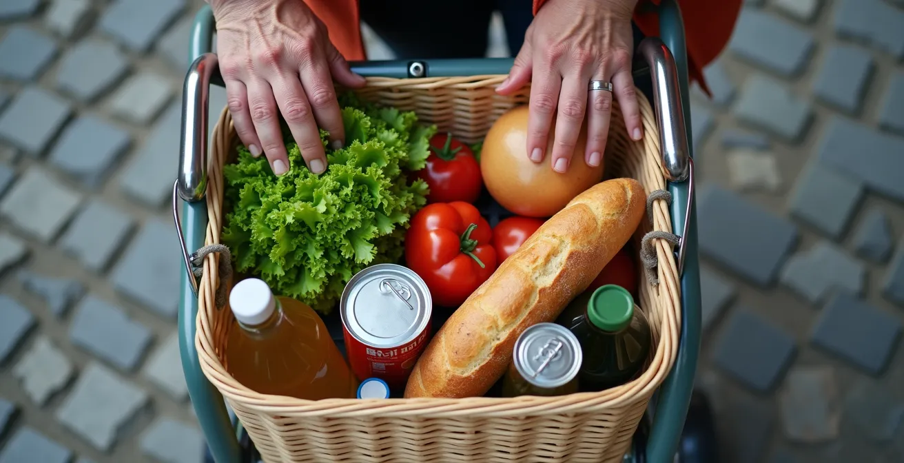 Vue de dessus d'un panier de rollator avec courses organisées, articles lourds au fond