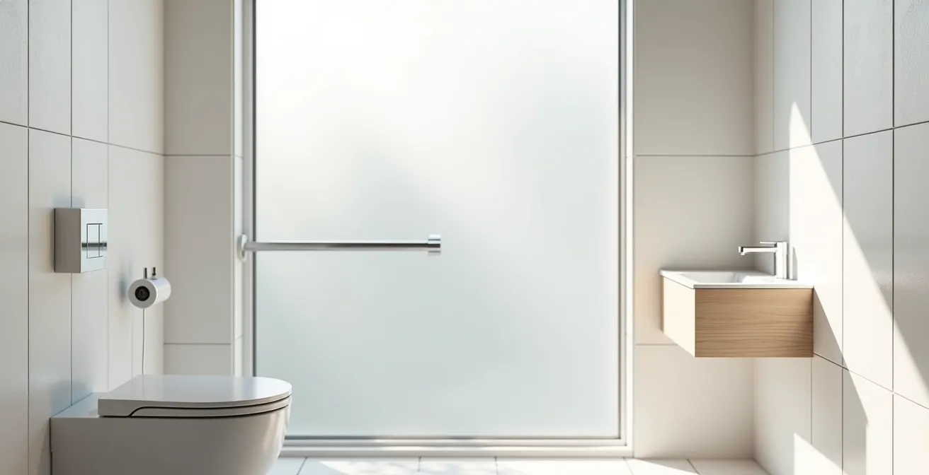 Salle de bain moderne avec placement stratégique et minimaliste des barres d'appui