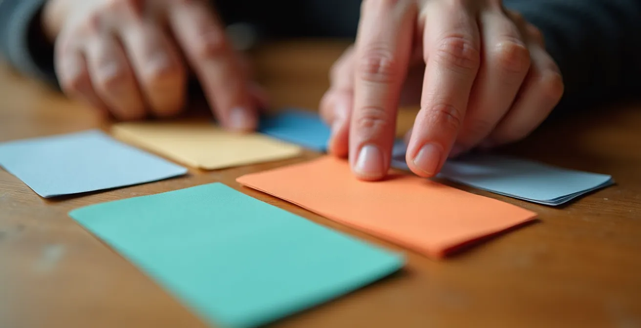 Mains de senior manipulant des fiches de révision colorées sur table en bois