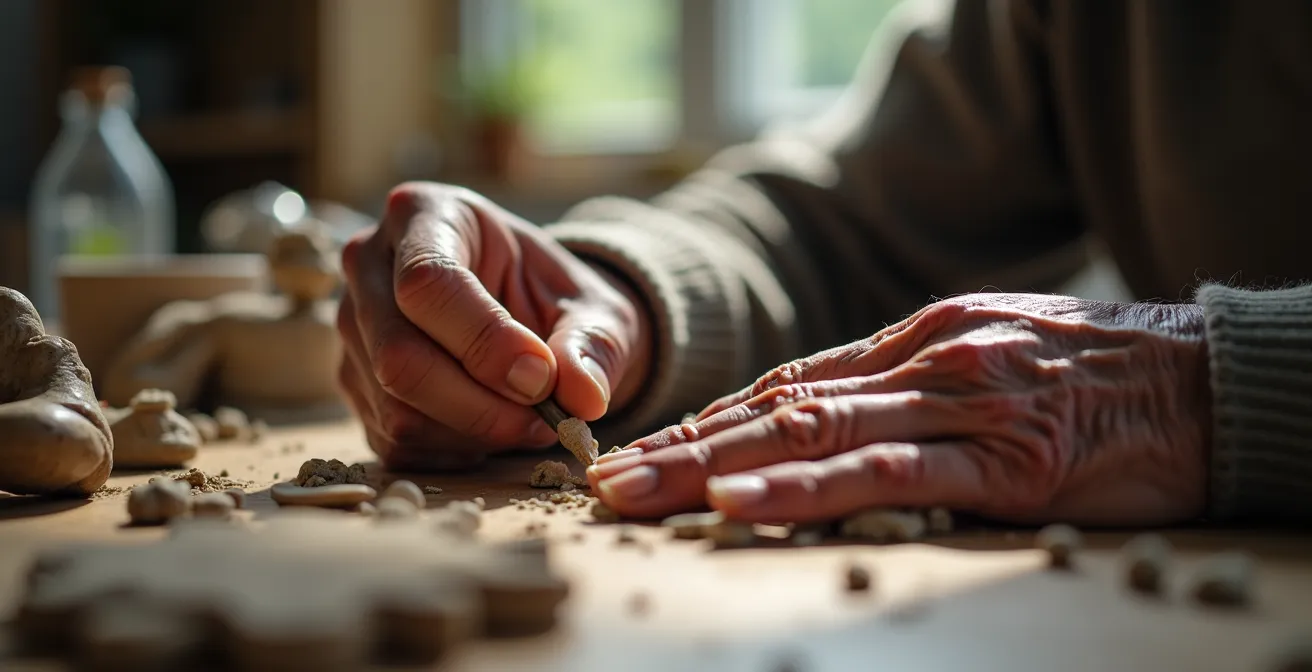 Personne âgée concentrée apprenant une nouvelle activité manuelle