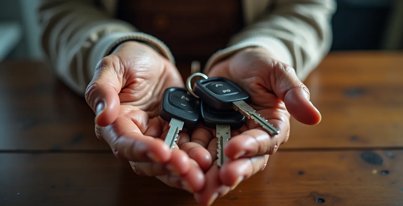 Mains de senior tenant des clés de voiture dans un moment de réflexion