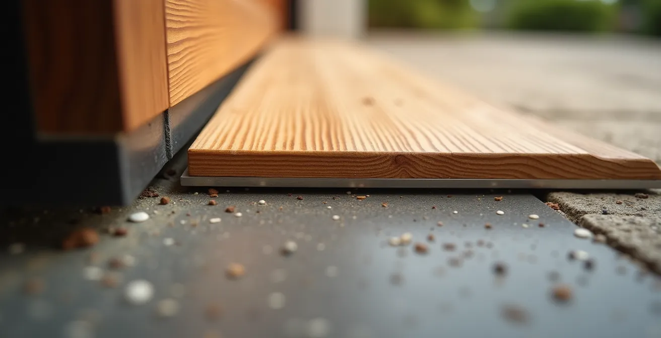 Vue macro détaillée d'une rampe d'accès en bois installée sur un seuil de porte-fenêtre